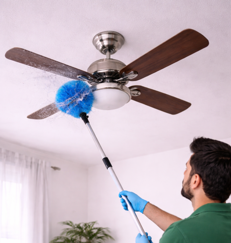 Cleaner dusting ceiling fan in living room