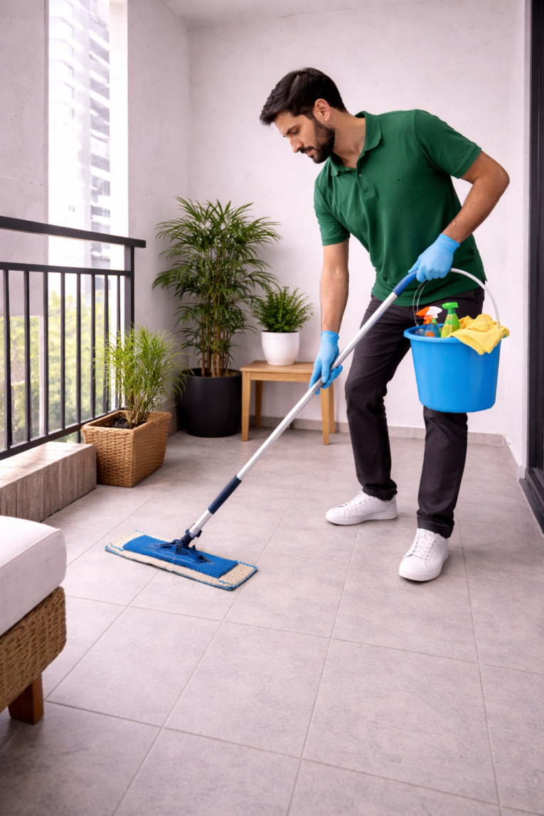 Cleaner mopping the apartment balcony