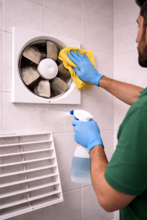 Cleaner sanitizing an exhaust fan Exhaust Fan Cleaning