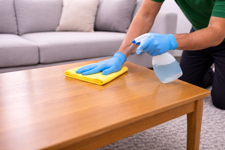 Cleaner sprucing up a wooden table