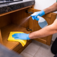 Kitchen cabinet cleaning in progress